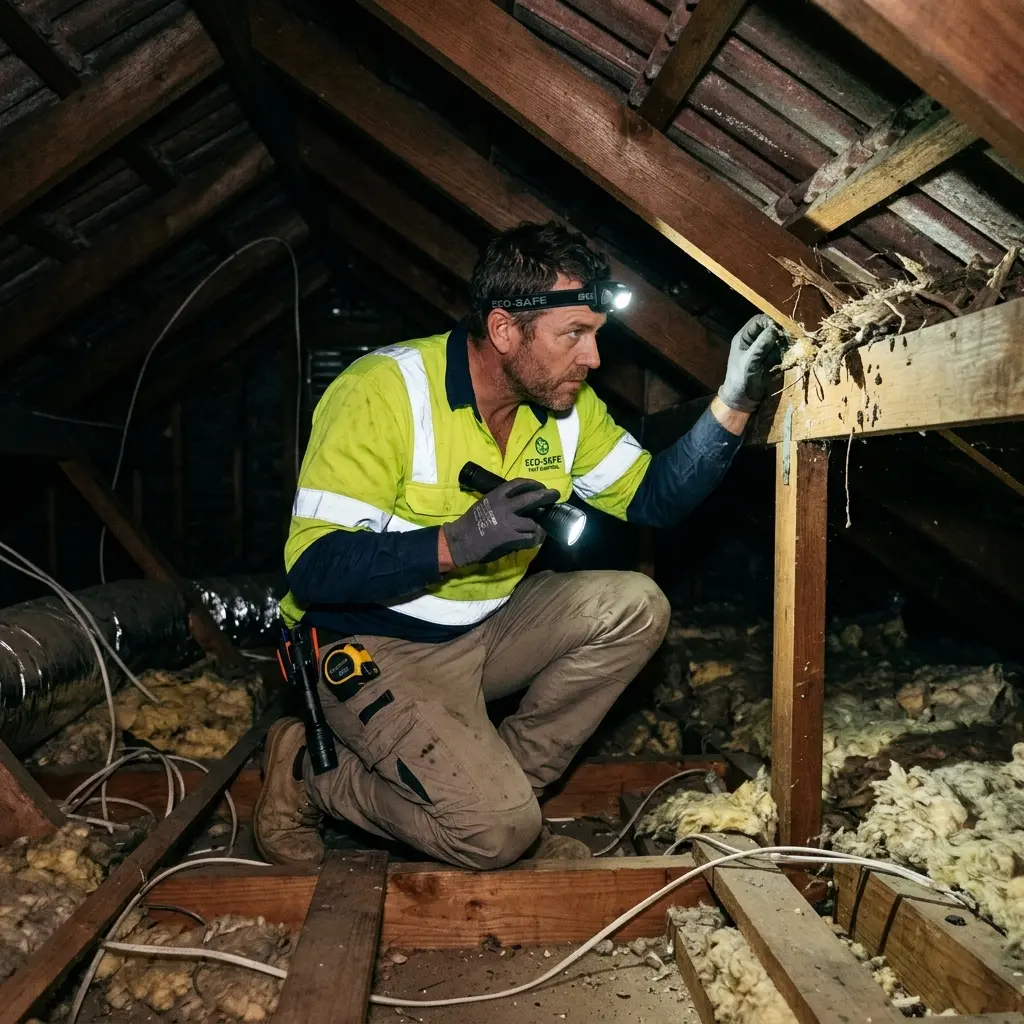 Technician inspecting a roof cavity for a dead animal in Altona