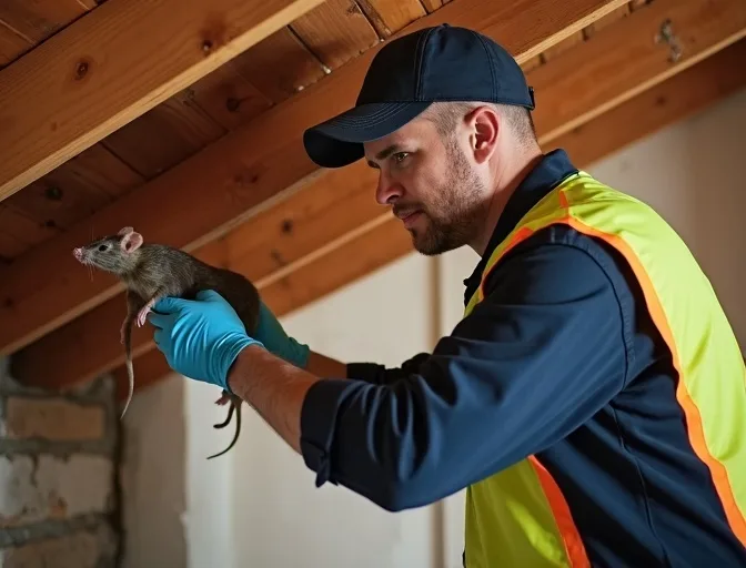 Technician inspecting a roof cavity for a dead rat in Altona